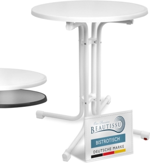 Beautissu Bistrotisch Outdoor Rund Ø 70 cm Wasserfest – Beistelltisch Balkontisch Wetterfest Gartentisch Rund Klappbar 70 cm hoch – Campingtisch Partytisch Esstisch Gastro – Weiß Bistroni