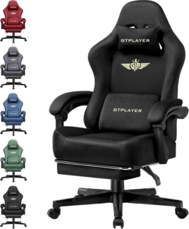 GTPLAYER Gaming Stuhl, Atmungsaktiver Bürostuhl, bürostuhl ergonomisch, Hochwertiger - Stoff, Ergonomischer PC Stuhl, 160° Verstellbare Rückenlehne und ausziehbare Fußstütze,Dunkelschwarz