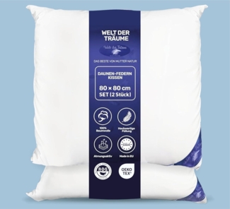 Welt der Träume 3-Kammer-Kopfkissen 2 Stück 80 x 80 cm Daunenkissen Füllung 1600 Gr. oder 1400, Füllung: Federn und Daunen, Bezug: 100% Baumwolle, Rückenschläfer, Bauchschläfer, Seitenschläfer, Set, 2 Stück, 100% Naturprodukt, Allergiker geeignet, Herg...