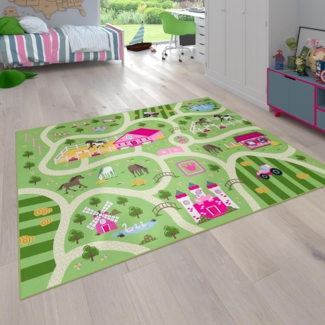 Paco Home Kinderteppich Bino 560, rechteckig, Höhe: 4 mm, Kurzflor, Straßen-Spiel-Teppich, Motiv Bauernhof, Kinderzimmer