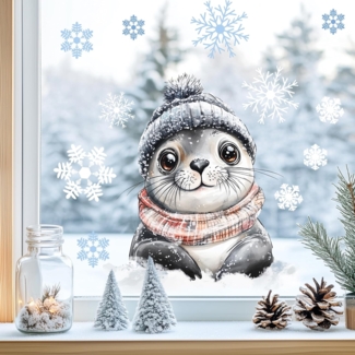 Sunnywall Fensterdekoration wiederverwendbares Fensterbild Winter Robbe, wiederverwendbar, statisch haftend, beidseitiger Druck