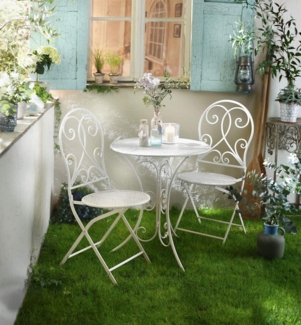 3 tlg. Bistroset “White Romance” aus Metall, weiß, Gartenmöbel Tisch + 2 Stühle