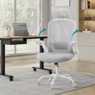 SONGMICS Bürostuhl ergonomisch, Drehstuhl mit Mesh, Lenden- und Kopfstütze, Wippfunktion, 53 cm große Sitzfläche, klappbare Armlehnen, Arbeits- und Schlafzimmer, Studenten, Taubengrau OBN047G01