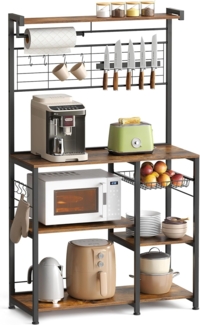 VASAGLE Küchenregal, für Mikrowelle, Arbeitsplatte Küche, Kücheninsel mit Magnetleiste für Messer, Drahtkorb, Küchenrollenhalter, 12 Haken, Vintagebraun-Schwarz, 167,3 x 42 x 90 cm