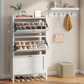 YITAHOME Schuhkipper Schmal mit 3 Klappen, Schuhschrank Schmal mit Garderobe Wandgarderobe mit 5 Haken, Schuhschrank Weiss Schuhkommode für Flur Wohnzimmer Kann hohe Absätze aufnehmen 60 x 25 x 130 cm