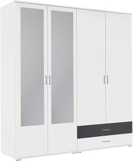 Rauch Möbel Noosa Schrank Drehtürenschrank, Weiß / Grau Metallic, 4-türig mit Spiegel und 2 Schubladen, inkl. Zubehörpaket Basic 1 Kleiderstange, 3 Einlegeböden BxHxT 168x188x52 cm