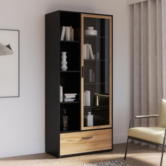 Forte MOKKARO Vitrine R 85, Vitrinenschrank mit Glastür, Regalböden und Schublade, Holzwerkstoff, Mauvella Eiche Dekor/Schwarz, 84,7 cm breit, 190,5 cm hoch, 42 cm tief