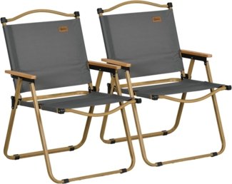 Outsunny Campingstuhl 2er Set faltbarer Gartenstuhl mit Stahlrahmen (Holzoptik, Klappsessel für Pool, Strand, 2 St), Oxfordstoff, Dunkelgrau