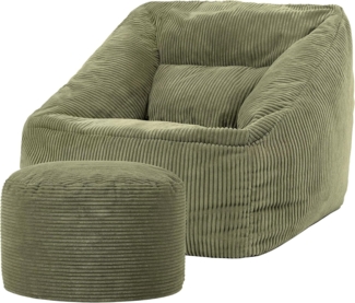 Icon Natalia Sitzsack Sessel mit Hocker für Erwachsene, Salbeigrün, Flauschiger Cord Stoff, Riesen Sitzsack Cord mit Füllung, Bean Bag Chair, Bequemer Sessel Wohnzimmer, Lounge, Schlafzimmer, Büro