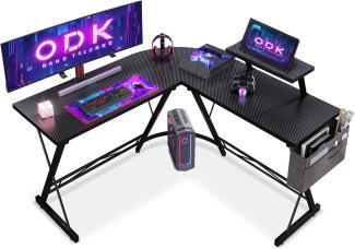 ODK Gaming Tisch, Computertisch, Gaming Schreibtisch mit runder Ecke, Gaming-Tisch mit Monitorablage (Kohlefaser Schwarz, 127x127 cm)