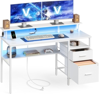 VASAGLE Schreibtisch mit Stoff-Schubladen, Computertisch mit Monitorständer, LED-Beleuchtung, 55 x 135 x 90 cm, eingebaute Steckdosen, 2 USB-A-Anschlüsse, für Homeoffice, ahornweiß LWD094W01