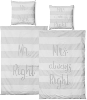 JACK Bettwäsche 4 tlg Satin Bettwäsche Partnerbettwäsche Mr. Right + Mrs. always Right, Satin, 4 teilig, Modernes Design, Kuschelbettwäsche, Silber / Grau / Weiß