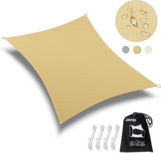 Dripex Sonnensegel wasserdicht Sonnenschutz Set 3X5 m inkl Befestigungsseile Rechteckig Polyester Imprägniert 95% UV Schutz Windschutz Wetterschutz für Balkon Garten Terrasse - Sand