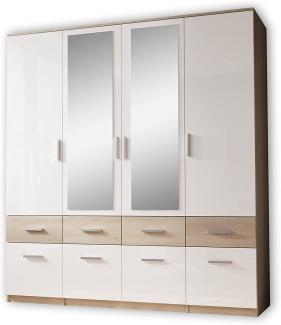 Stella Trading BOX Eleganter Kleiderschrank mit Spiegel & Schubladen - Geräumiger Drehtürenschrank in Sonoma Eiche Optik, Weiß - 180 x 198 x 55 cm (B/H/T)