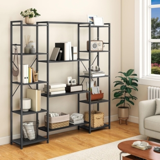 YITAHOME Industrielles Bücherregal 73 cm breit, Stehend Offen Aus Holz Und Metallrahmen Mit 13 Regalen, Präsentationsregal Für Wohnzimmer, Heimbüro, Schwarz