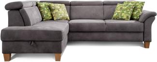 Cavadore Schlafsofa Ammerland mit Ottomane links / Federkern-Sofa im Landhausstil mit verstellbaren Kopfstützen, Bett und Bettkasten / 245 x 84 x 194 / Lederoptik dunkelgrau