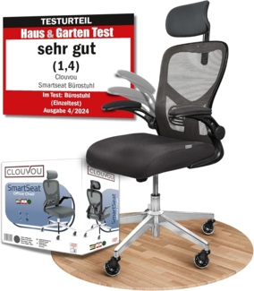 CLOUVOU SmartSeat, ergonomischer Bürostuhl, Rückenlehne mit Mesh Bezug, FlipUp-Armlehnen, 3D-Kopfstütze, BladeWheels, Schwarz