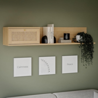 Forte CALASETTA Wandregal 150, Boho Wandregal mit Rattangeflecht, Schublade, Holzwerkstoff, ELegancia Eiche | Technorattan, 150 cm breit x 30,6 cm hoch x 30,5 cm tief