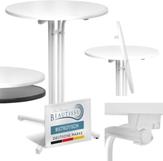 Beautissu Stehtisch Weiß klappbar Ø70cm Bellini – Stabiler Outdoor Bistrotisch Wetterbeständig höhenverstellbarer Fuß, leichte Montage Halterung vormontiert – Kratzfest Gastro Partytisch Rund
