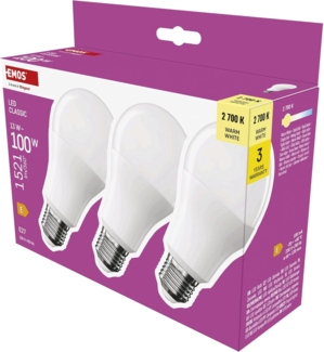 EMOS LED Lampe A60-Birne 3er Pack, 13W Ersatz für 100W Glühbirne, klassische Birne mit E27 Sockel, Helligkeit 1521 lm, Warmweiß 2700 K, 30000 h Lebensdauer, CRI min. 80, 180° Abstrahlwinkel