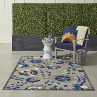 Nourison Aloha, Teppich für drinnen und draußen, 1,5x2,1 m, einfache Reinigung, fusselfrei, Schlafzimmer, Wohnzimmer, Esszimmer, Hinterhof, Terrasse, 150x180 cm, Naturblau