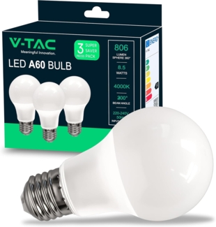 V-TAC 3x LED Glühbirne E27 8,5W (entspricht 60W) A60-806Lumen - LED Lampe 4000K Neutralweiß - LED Glühlampen - Energiesparlampe - 3er Pack