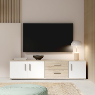 Forte IKOLI TV Schrank 180, modernes Lowboard mit 3 Türen und 2 Schubladen, Wohnzimmer, Holzwerkstoff, Weiß mit Sonoma Eiche Holzdekor, 174,3 cm breit x 43,3 cm hoch x 41,3 cm tief