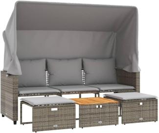 Outdoor-Sofa 3-Sitzer mit Dach und Hockern Grau Poly Rattan