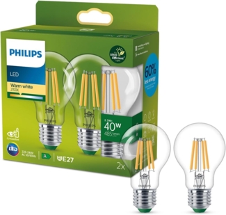 Philips Classic ultraeffiziente E27 LED Lampe, 40W, klar, warmweiß, Doppelpack