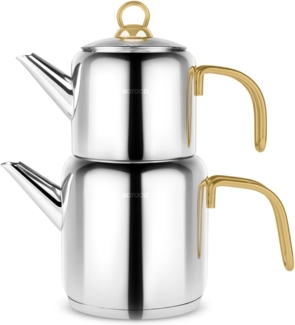 Karaca New Mira Gold Türkisches Teekannen-Set, Induktionsgeeignet, 1L Teekanne & 2L Teekessel aus Edelstahl, Spülmaschinenfest, Türkische Teekanne, Teekocher, Tea Maker, Caydanlik, Demlik