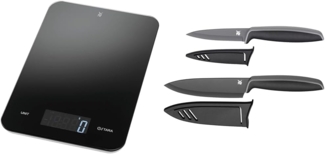 WMF Digitale Küchenwaage 23 x 15 x 2 cm, Backwaage, schwarz & Touch Messerset 2-teilig, Küchenmesser mit Schutzhülle, Spezialklingenstahl antihaftbeschichtet, scharf, Kochmesser, Gemüsemesser, schwarz