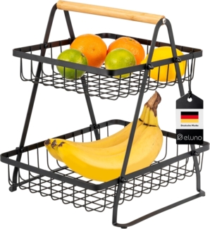eluno Obstschale 2-stöckige Etagere, aus Bambus und schwarzem Metall