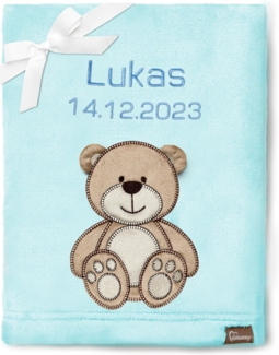 Be Mammy Personalisierte Babydecke mit 3D Applikation Warme Kuscheldecke mit Namen und Geburtsdatum; Perfektes Baby Geschenk; Blanket; Krabbeldecke BE20-280 (Puderblau - Bär)