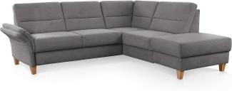 CAVADORE Ecksofa Wyk mit Federkern / Eckcouch im Landhaus-Stil mit Ottomane und Holzfüßen / 238 x 90 x 213 / Jacquard, Grau