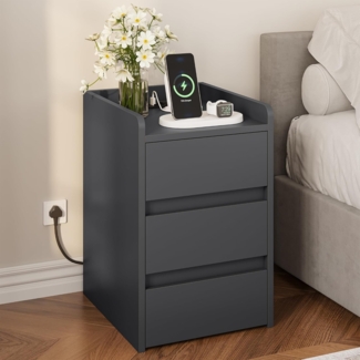 YITAHOME Nachttisch mit 3 Schubladen und Netzteil, Nachtkommode mit Ladestation, 2 USB-Anschlüssen und Steckdosen, wasserfester Beistelltisch für Wohnzimmer und Schlafzimmer, 35 x 40 x 59 cm (Grau)