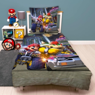 Nintendo Super Mario Kart Bettwäsche für Jungen Kinderbettwäsche 135x200 80x80 cm aus 100% Baumwolle Motiv Bump mit Bowser