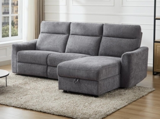 Vente-unique - Eckrelaxsofa elektrisch mit Stauraum - Ecke rechts - melierter Stoff - Grau - MOROZEL