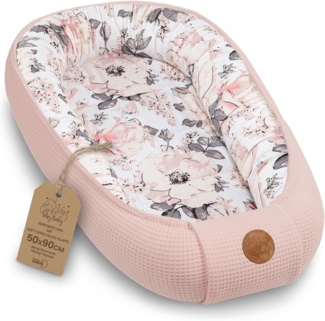 Babynest Neugeborene Nestchen Baby - 90x50 cm Kokon Handmade zweiseitig aus Waffel Piqué Baumwolle Schlummer Wilde Rose