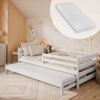 Kids Collective Kinderbett 90x200 cm mit zwei Schubladen, Rausfallschutz und Lattenrost (Kinderbett Doppelbett Funktionsbett), Vollholz massiv in weiss, mit Ausziehbett 90x190, mit Matratze