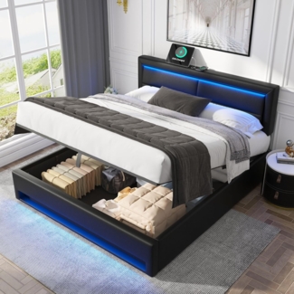 OKWISH Holzbett Polsterbett Jugendbett (140x200 cm Inklusive Matratze), Aufbewahrungsfunktion, Einfache Montage, PU, schwarz