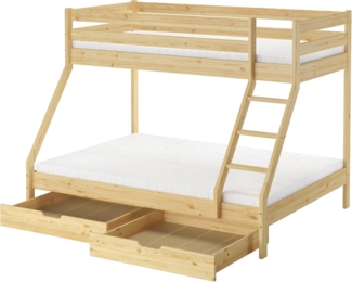 Doppel-Etagenbett 140x200 und 90x200 Erwachsenen-Stockbett Kiefer, Rollrost. Matratzen und Doppelbettkasten inkl.