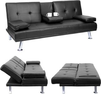 3er-Sofa HWC-F60, Couch Schlafsofa Gästebett, Tassenhalter verstellbar 97x166cm ~ Kunstleder, schwarz