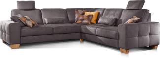 Cavadore Ecksofa Puccino mit Federkern, Bettfunktion, verstellbarer Rückenlehne und 2 Kopfstützen / Sofa gleichschenklig in L-Form im Landhaus-Design / 276 x 86 x 271 cm / Mikrofaser grau