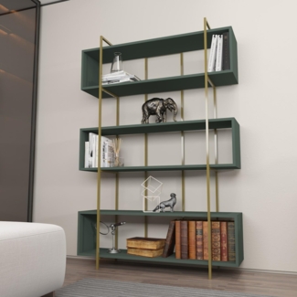 Hanah Home Elegant Green & Gold Bookshelf, 120 x 180 x 29.6 cm | 100% Melamine Coated Particle Board, 18 mm Thick | Stylish Storage for Modern Homes
