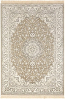 Orientalischer Samt-Teppich Fransen Antik Nain Olivgrün Grau - 135x195x0,5cm