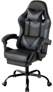 SURFOU Gaming Stuhl Ergonomischer Bürostuhl mit Stoffpolster, Fußstütze, Kopfstütze und Lendenstütze, höhenverstellbar, gepolstert, für PC und Gamer, bis 150kg, Drehstuhl, Schwarz-Grau
