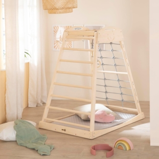 roba Indoor Spielturm aus Holz - Montessori Klettergerüst mit Sprossen, Kletterseil & Turnringen - Geeignet ab 24 Monaten - Mit Massivholzschaukel - Belastbar bis 70 kg - Natur/Grau