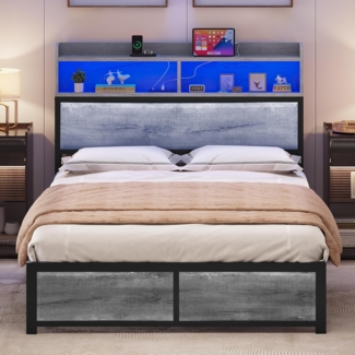 YITAHOME Bettgestell LED mit Kopfteil USB-Anschlüsse und Ladeausgänge Metallplattform-Bettgestell mit 2 Regalböden,Keine Matratze erforderlich,Grau 200X140CM