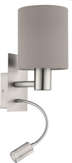 Eglo 96478 LED Wandleuchte Stofflampe PASTERI in taupe (graubraun) E27 1x40W;1x3,8W H:38cm L:15cm 3000K mit Wippschalter
