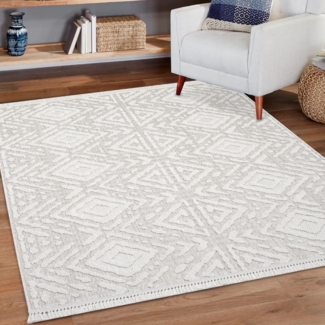 Teppich Wohnzimmer - 140x200cm - Boho - Beige - Modern Rauten Muster - Frasen-Teppiche Flachflor Wohnteppich Schlafzimmer Deko